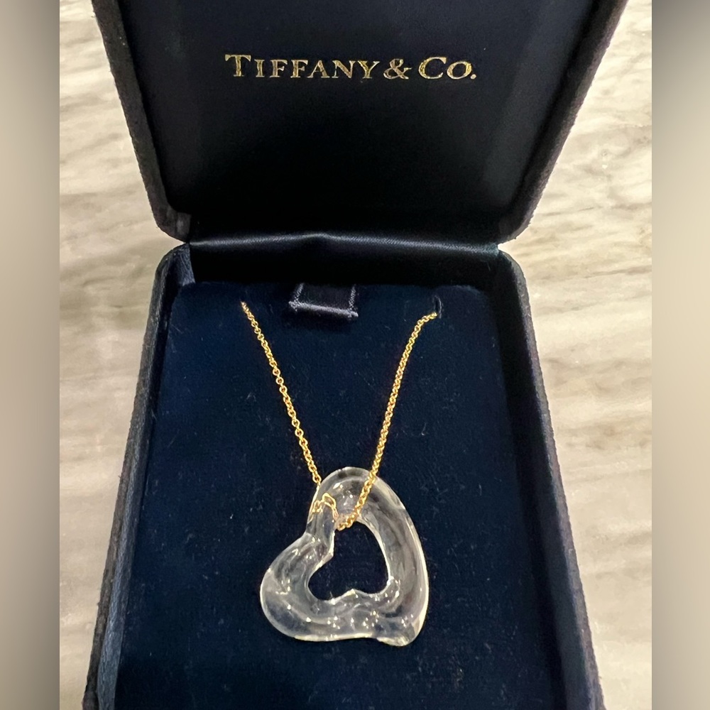 Tiffany Peretti Large Clear Rock Crystal Heart on 18k gold Tiffany chain